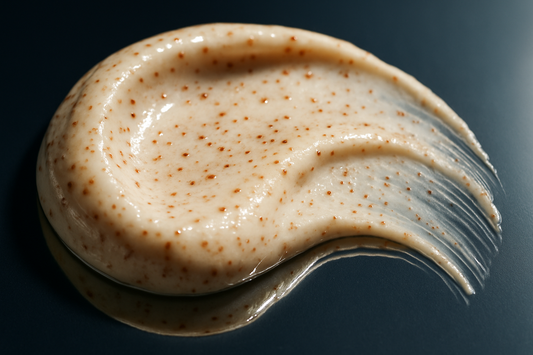 close up swatch of a creamy body scrub with walnut shell powder in it on a glass reflecting mirror