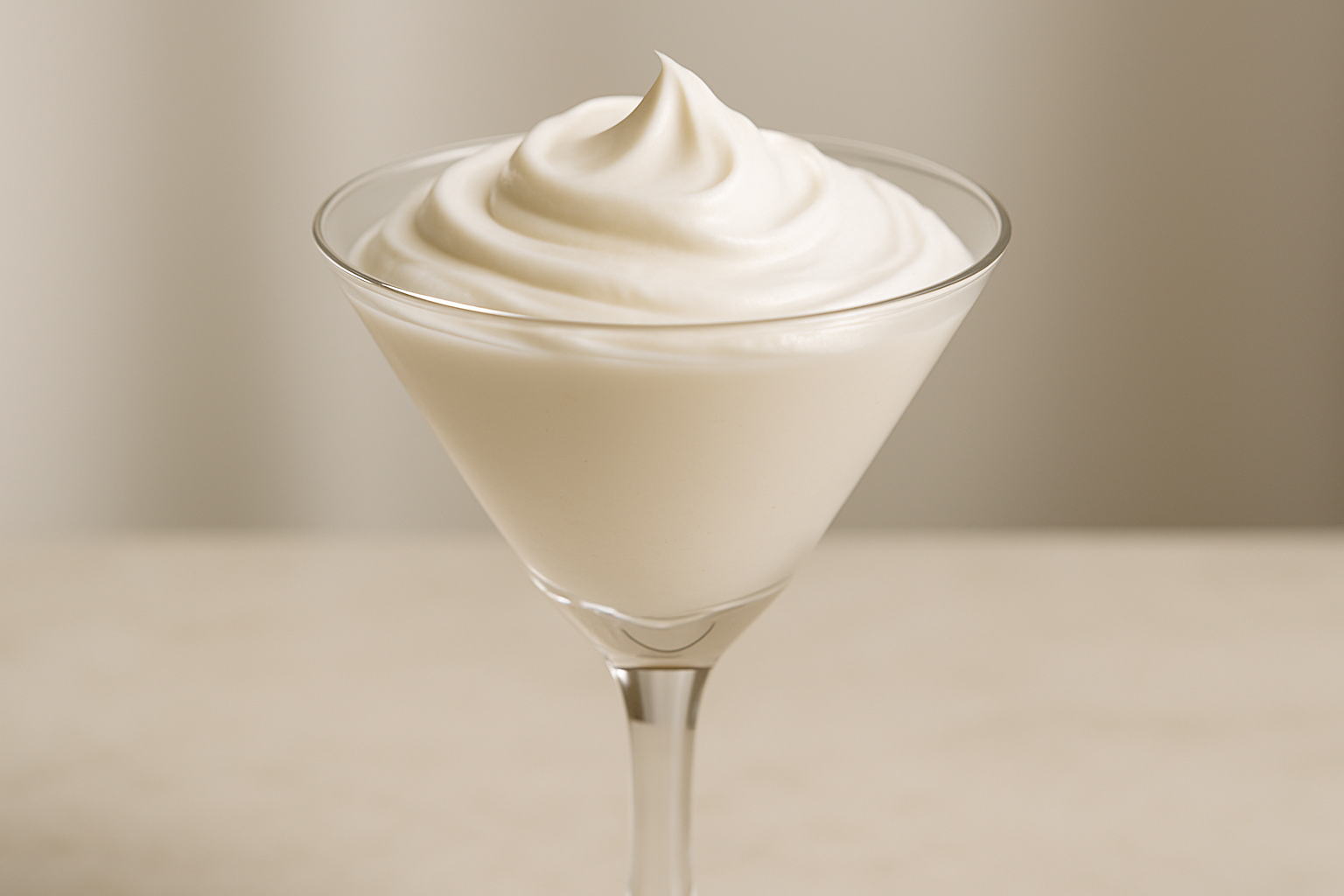 cocktail martini glass, high stem filled to the rim with a creamy body butter on a vanity. close up of the glass not to much background