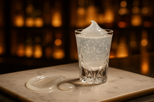 give me an image of a shot glass filled with a gel like body serum. background like a cocktail lounge and swatches of the serum next to the shot glass. make it look marketing worthy  