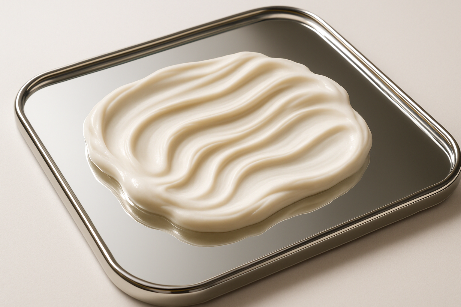 mirror tray, with a wavy swatch of a body cream marketing level