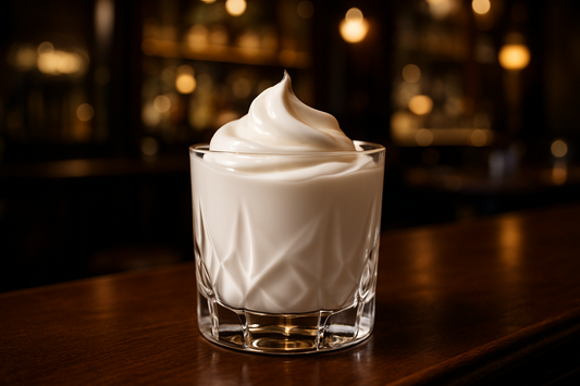 negroni cocktail glass but filled with a body cream, background blurred cocktail lounge bar